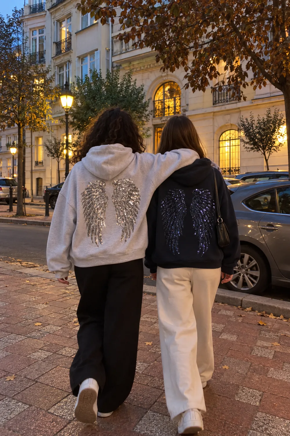 Hoodie Ailes d'ange gris chiné et bleu marine porté de dos